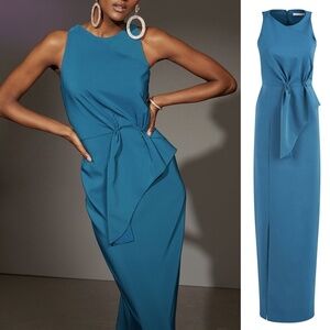 NEW Kay Unger Megan Sleeveless Draped Detail Column Gown in Baltic Blue
